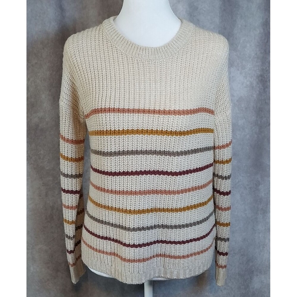 Pink Rose Womens Horizontal Striped Sweater Ribbed Knit Tan Pullover Size Medium